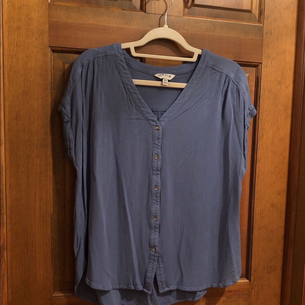 Orvis Women's Slate or Cornflower Blue Button-Front V-Neck Blouse